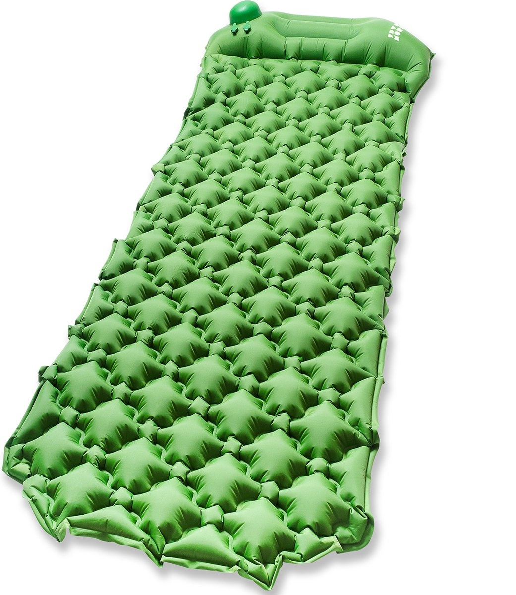 Matelas de couchage TRVLMORE - autogonflant - 1 personne - Pompe et oreiller intégrés - Vert