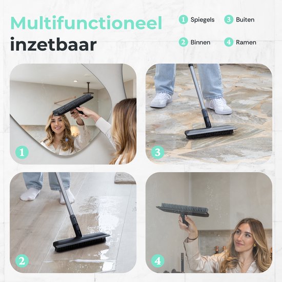 CLEANLY Brosse à récurer et raclette de sol avec manche - Brosse de nettoyage - Brosse à récurer avec manche - Brosse à récurer - Raclette - Réglable 116-144 cm - Largeur 30.5 cm - Noir, Gris