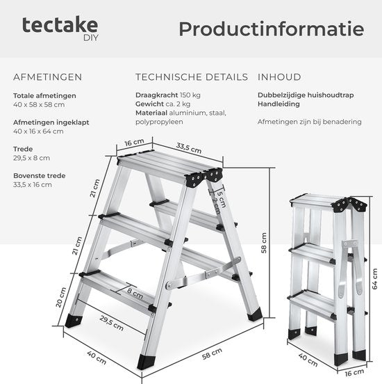 Échelle de cuisine double face en aluminium tectake® - 3 marches - 58 cm - Échelle robuste - Marchepied pliable - Échelle ménagère antidérapante