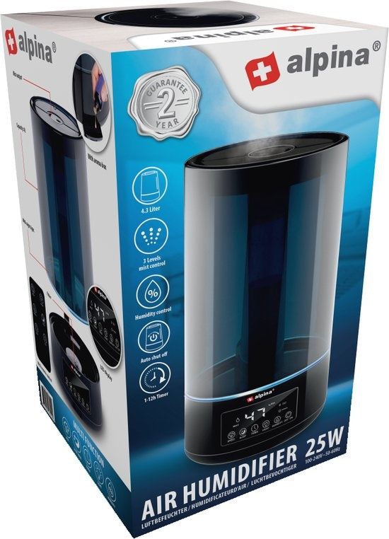 alpina Humidificateur 4.3L - Humidificateur - Diffuseur d'arômes avec minuterie - Télécommande - Noir