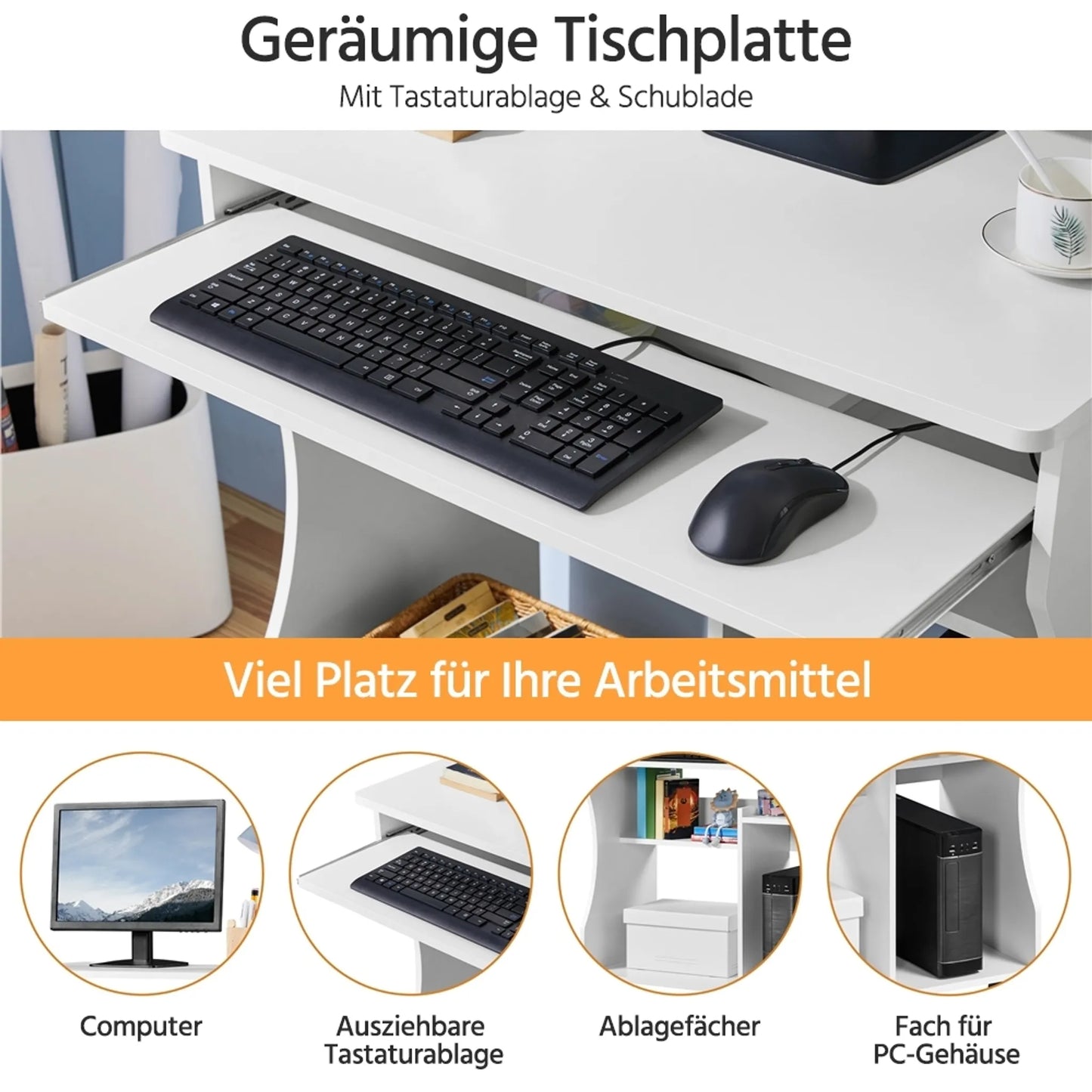 Yaheetech Bureau d'ordinateur sur roulettes - avec tiroir à clavier extensible et deux plateaux de rangement et fonction de freinage - pour bureau à domicile et chambre à coucher - Mdf blanc et métal - 80 x 48 x 76 cm