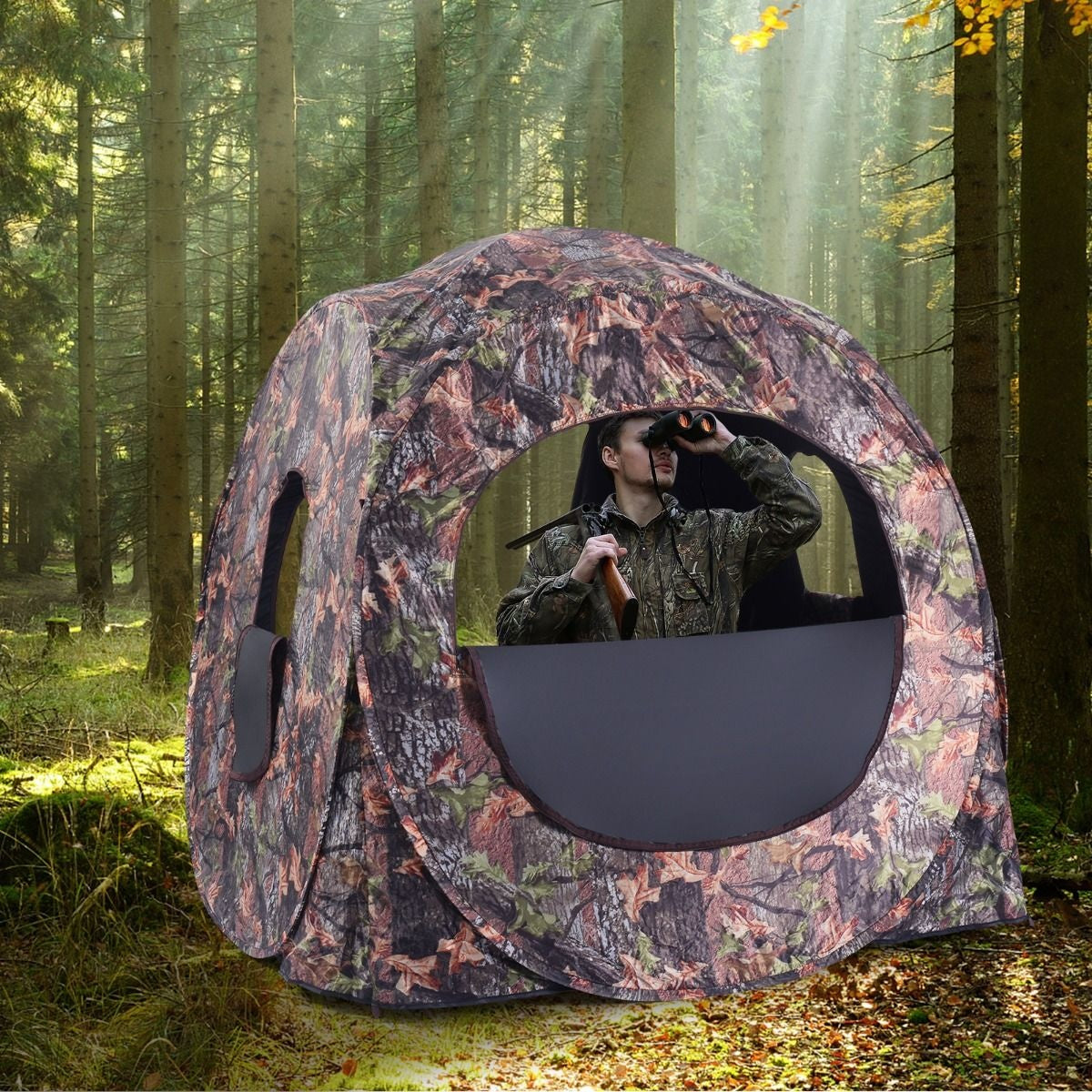 Cabane de chasse rétractable Coast pour 3 personnes Tente de chasse Cadre en acier Fenêtres en maille Sac de transport Sangles Piquets de sol Camouflage 152 x 152 x 163cm