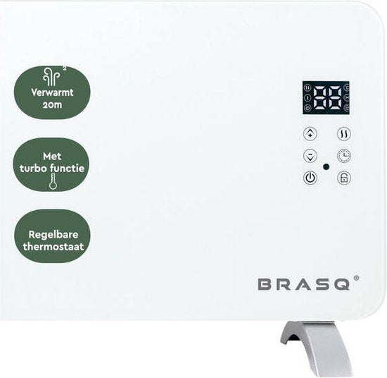 BRASQ Smart Convector Heater White - Chauffage électrique - Chauffage avec WiFi jusqu'à 2000 Watts - 2 réglages - Résistant à l'eau - jusqu'à 20M2