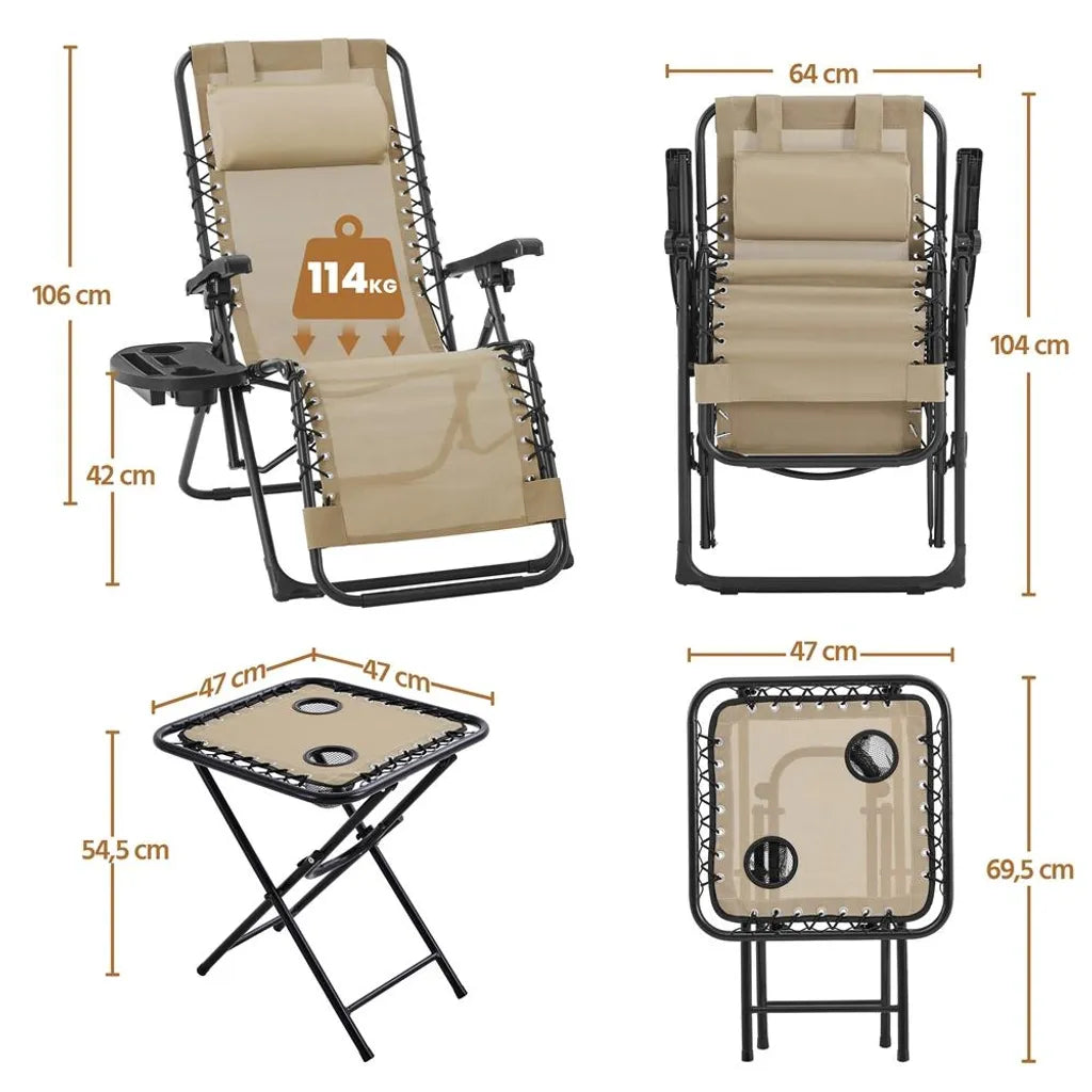 Yaheetech Lot de 2 chaises longues avec table d'appoint - Beige - Chaises longues de jardin pliables « Zero Gravity » avec oreiller et porte-gobelets
