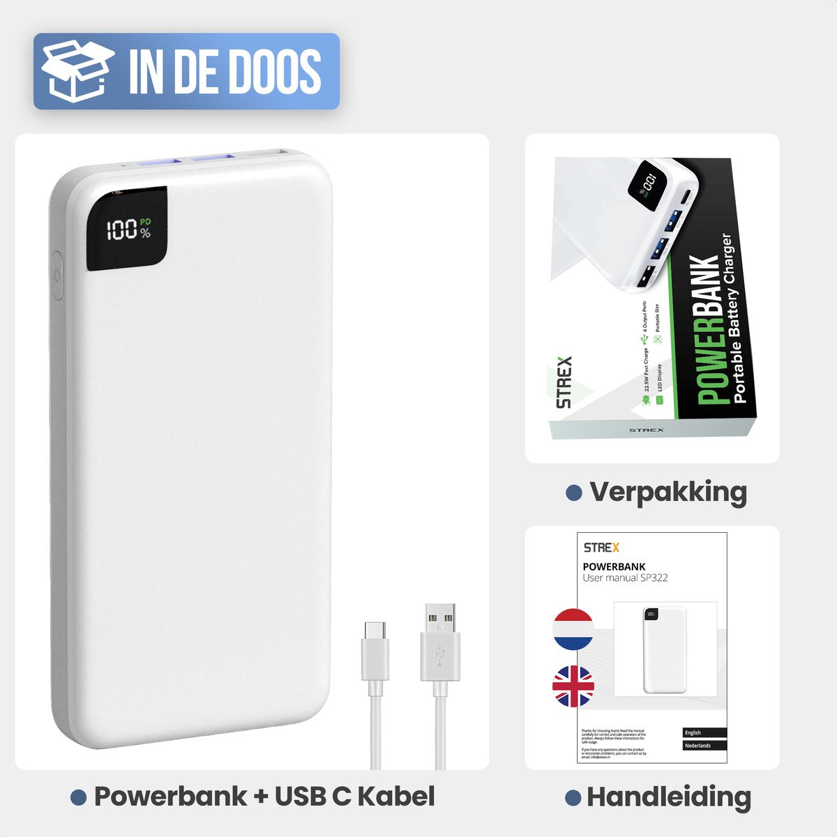 Strex Powerbank White - 27 000 mAh - Chargeur rapide 22,5 W - USB-A/USB-C - Indication LED - Powerbank universel adapté à iOS/Android, entre autres