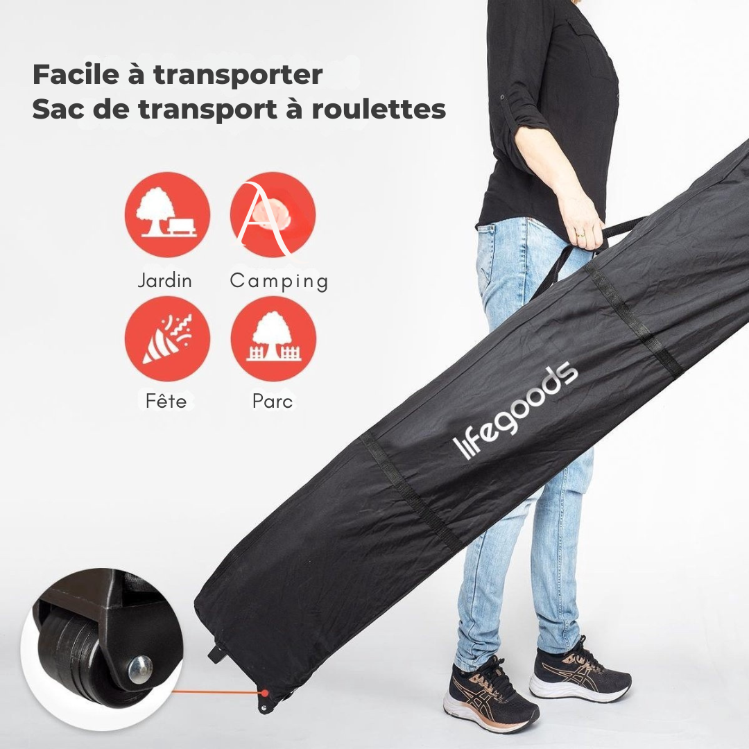 Tente de réception LifeGoods, Pavillon, 3,0 x 4,5 m, facile à monter, pliable, étanche, Sac de transport avec roulettes, Beige