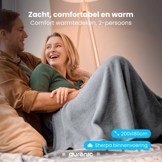 Couverture électrique Auronic - Couverture chauffante - Polaire Sherpa - 9 niveaux de chaleur et minuterie - Couverture - 200x180 - 2 personnes - Gris