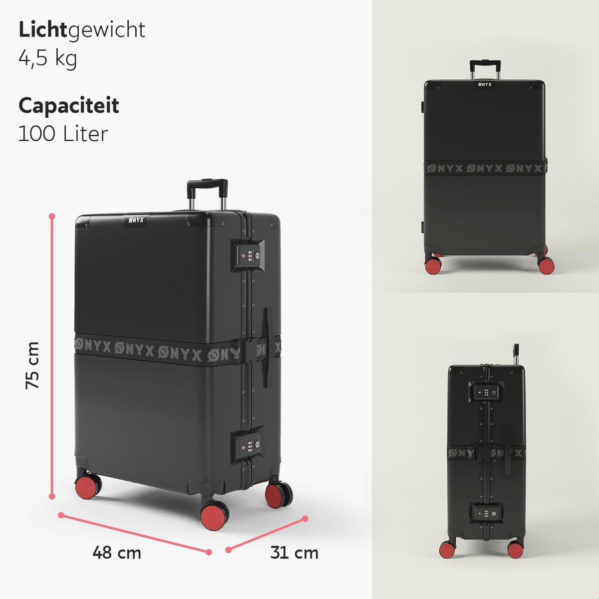 ONYX® - Valise d'enregistrement 100L - Serrure TSA - Trolley léger - Fermeture en aluminium - Noir