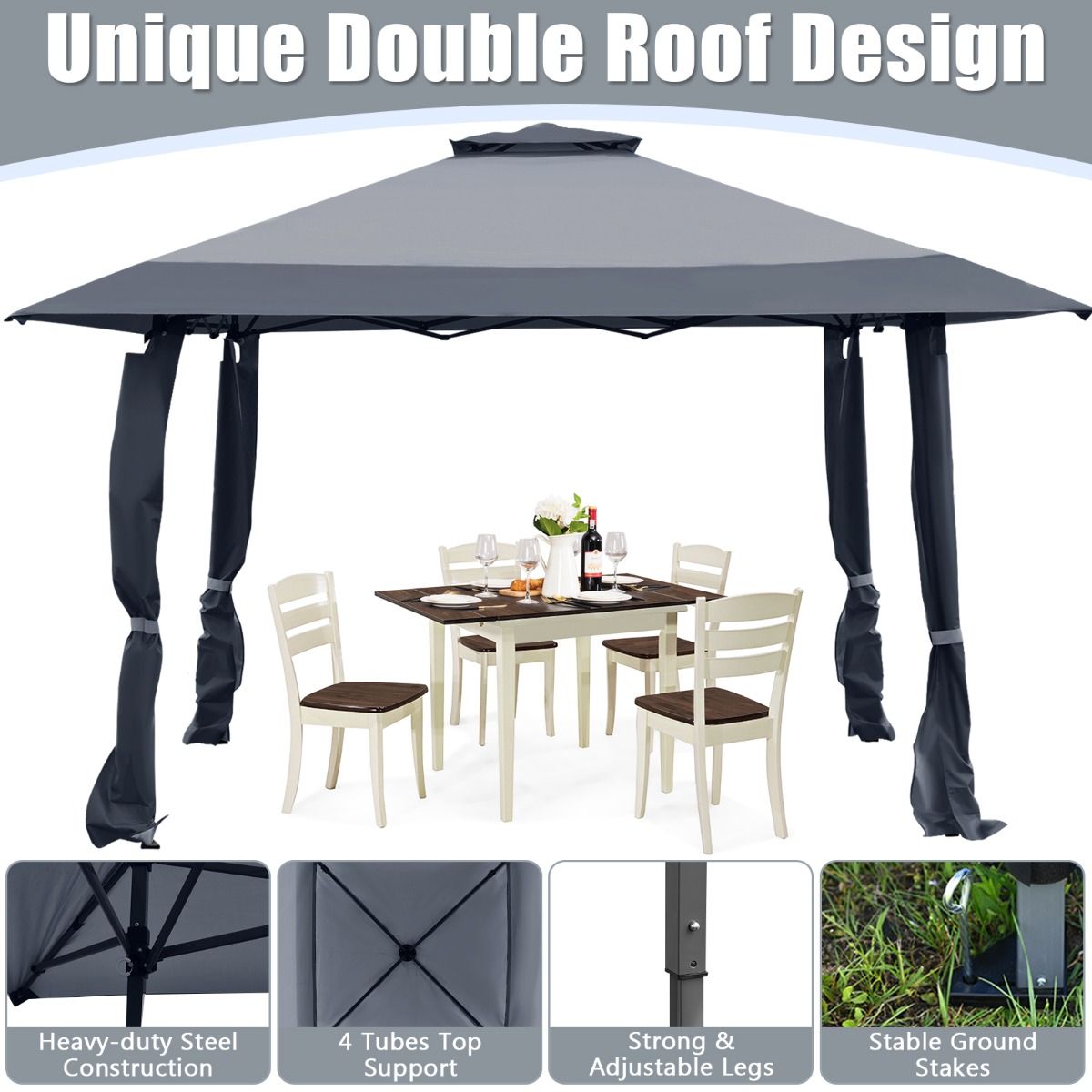 Tente de fête pliable 4 x 4 m - Grise - Double toit - Hauteur réglable - Imperméable - Avec sac de rangement
