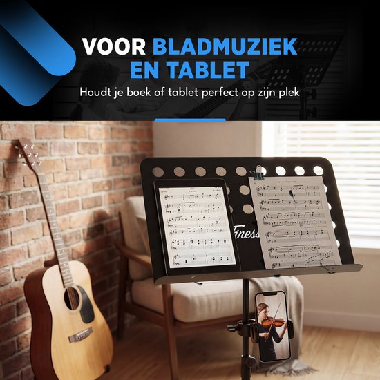 Finesse Music Stand for Sheet Music with Phone Holder - XL - Foldable - with Carrying Bag - Lectern - for Tablet - Black