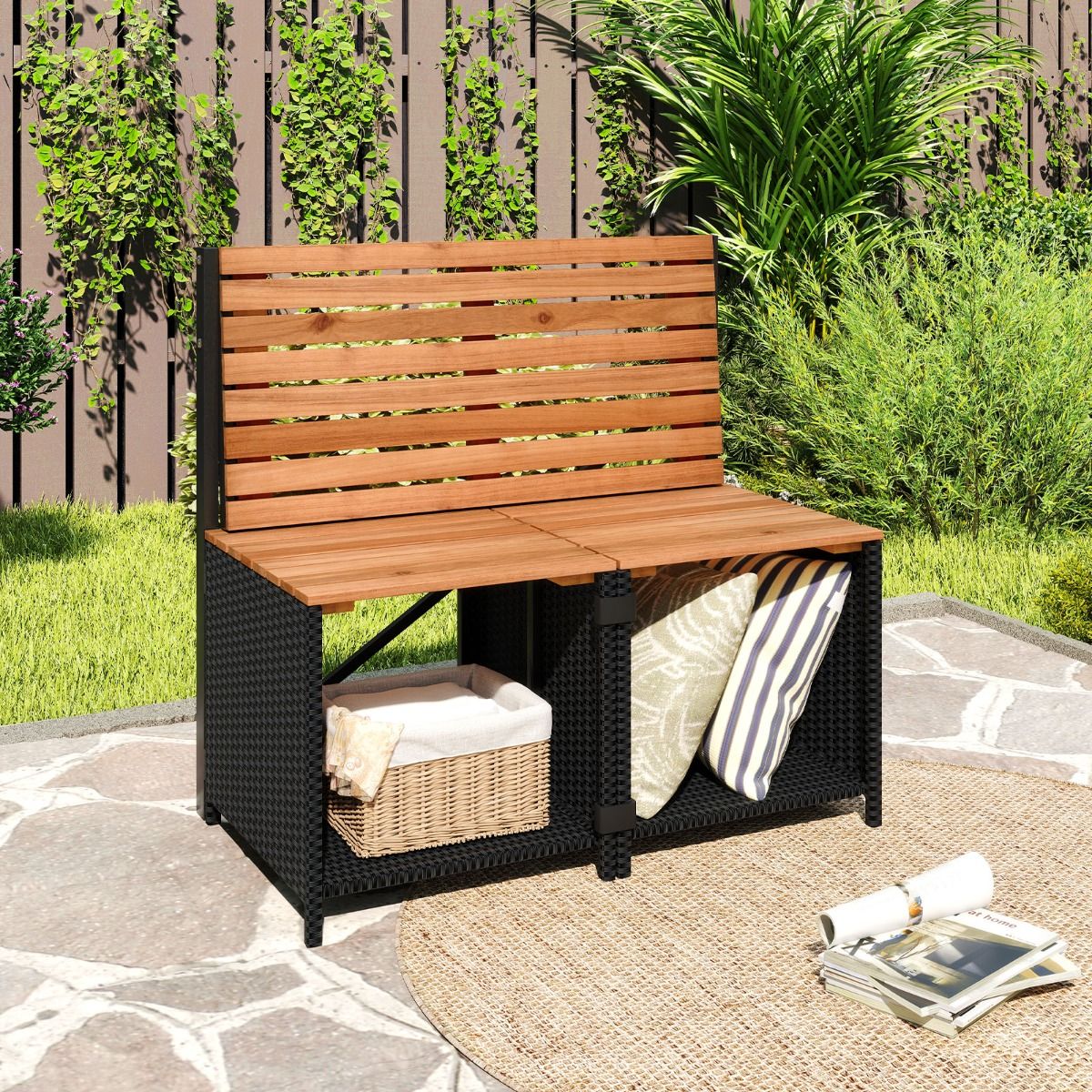Coast : banc de jardin et table de pique-nique 2-en-1 - meuble de balcon modulable - avec espace de rangement - noir/naturel