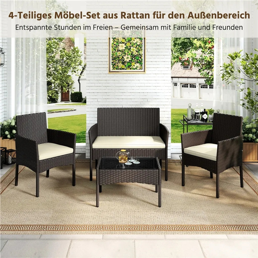 Ensemble de salon Yaheetech en polyrotin, 4 pièces - Marron/Beige - Ensemble de jardin comprenant un canapé 2 places, 2 chaises et une table