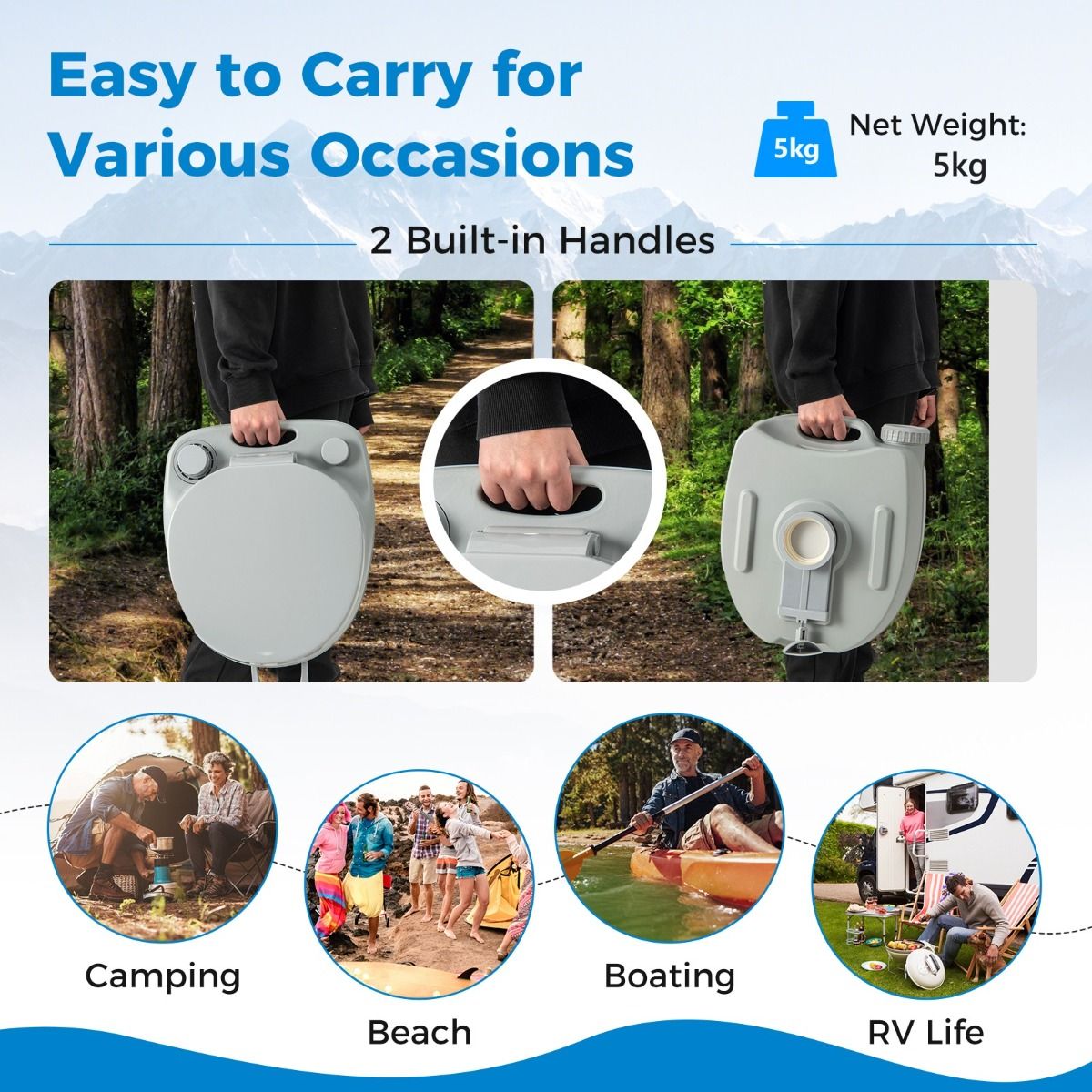 Toilette de camping portable Coast - Réservoir d'eau 20L détachable - avec pompe de chasse d'eau - 45 x 40 x 42 cm - Gris