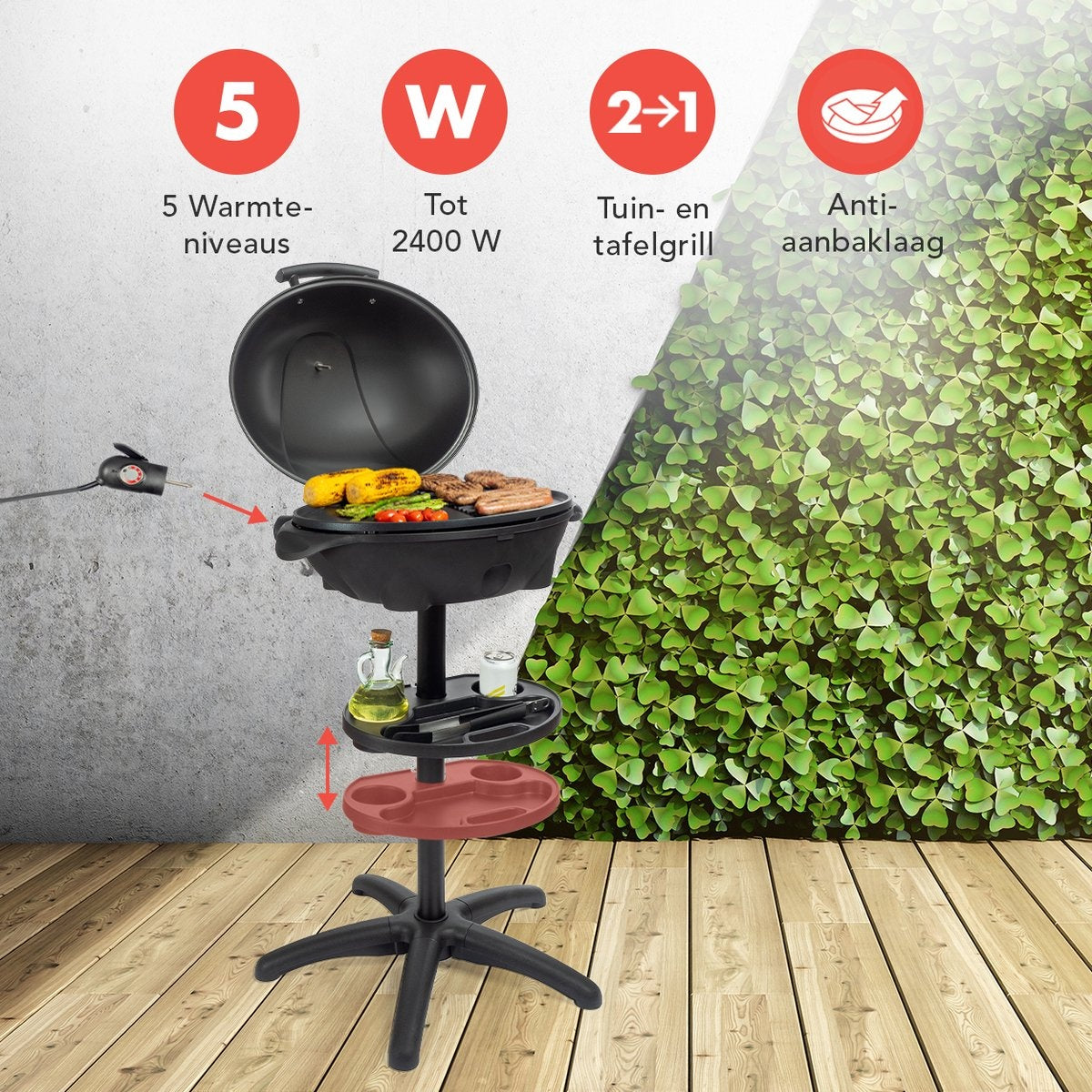 KitchenBrothers Barbecue électrique - avec plaque de cuisson - antiadhésif - étagère/porte-objets inclus - 2400W - Noir