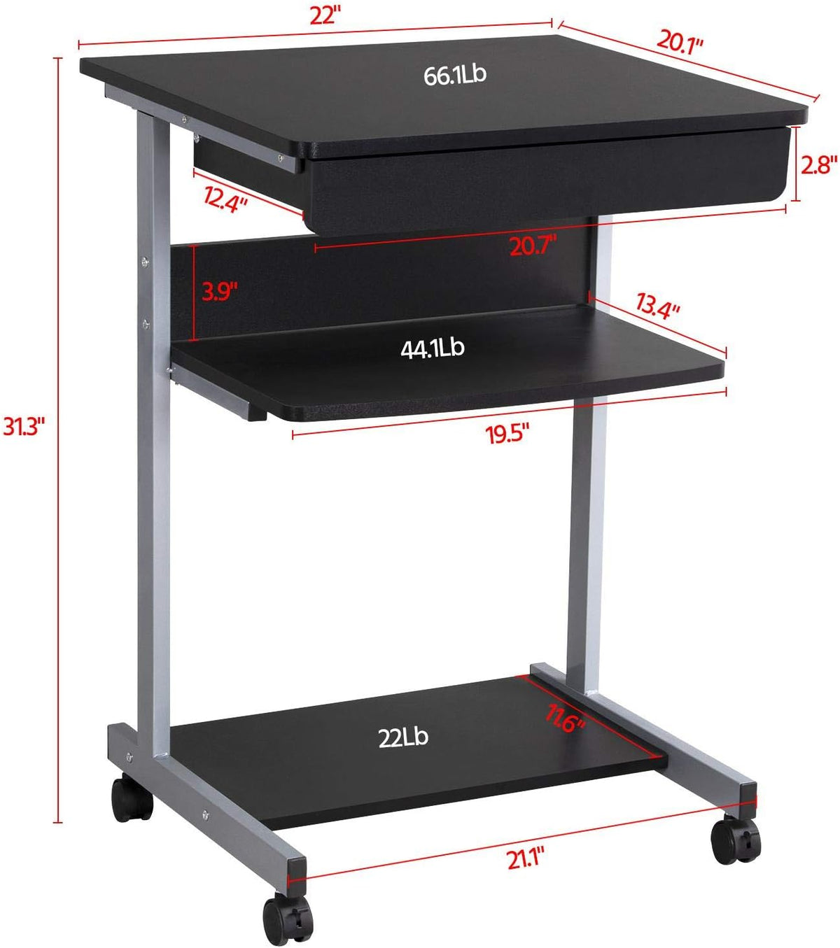 Petit bureau d'ordinateur portable Yaheetech 56 x 51 x 80 cm - Noir - avec roulettes