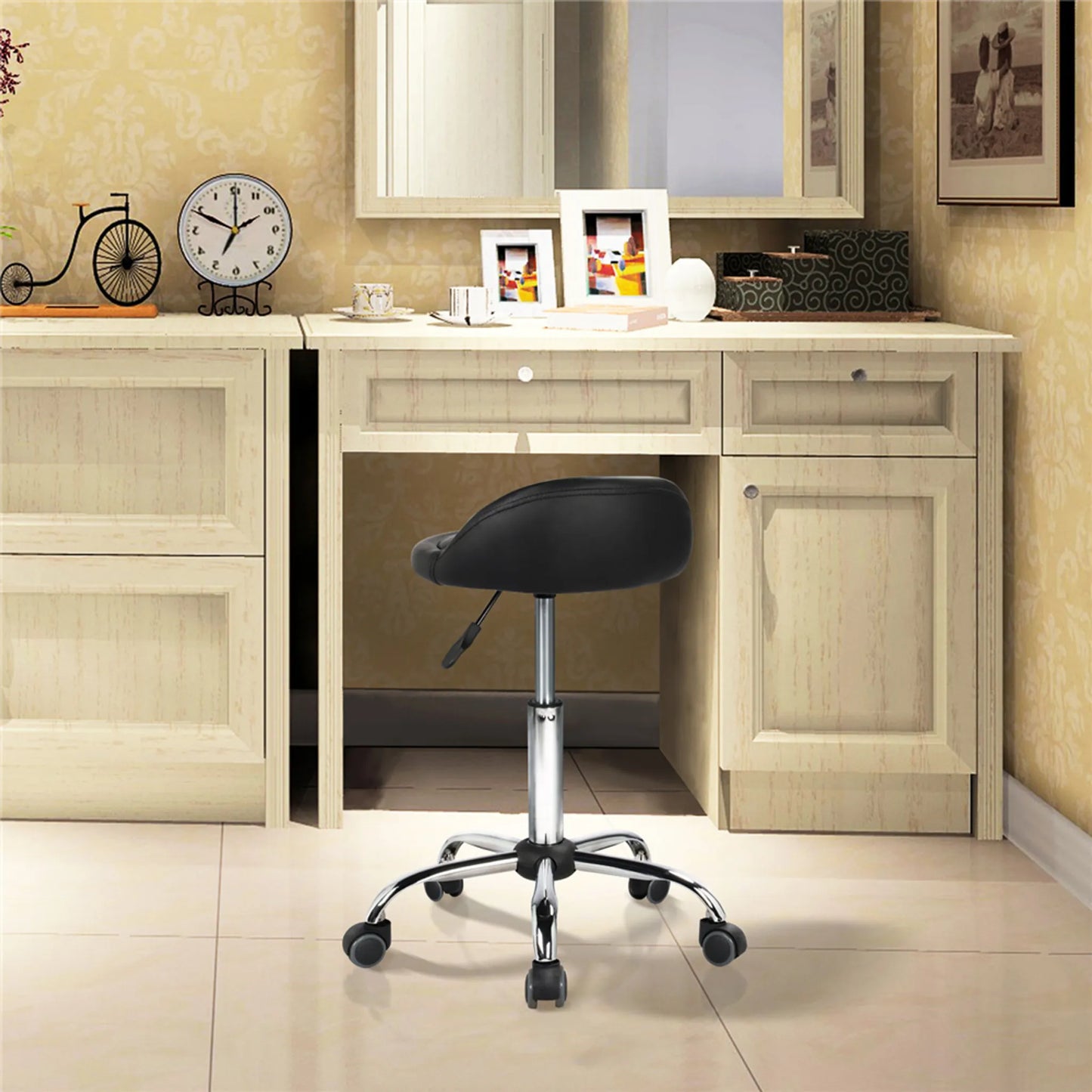 Yaheetech Tabouret de bar sur roulettes avec dossier - avec siège à gaz réglable en hauteur et pivotant à 360° et cadre chromé - pour îlot de cuisine et salon - cuir synthétique PU noir et métal - 52 x 52 x 55,5-70 cm