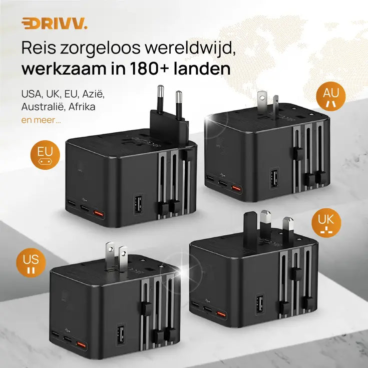 Drivv. Adaptateur universel USB-C 45 W - compatible avec plus de 180 pays - 3 ports USB-C et 2 ports USB-A - Adaptateur de voyage compact