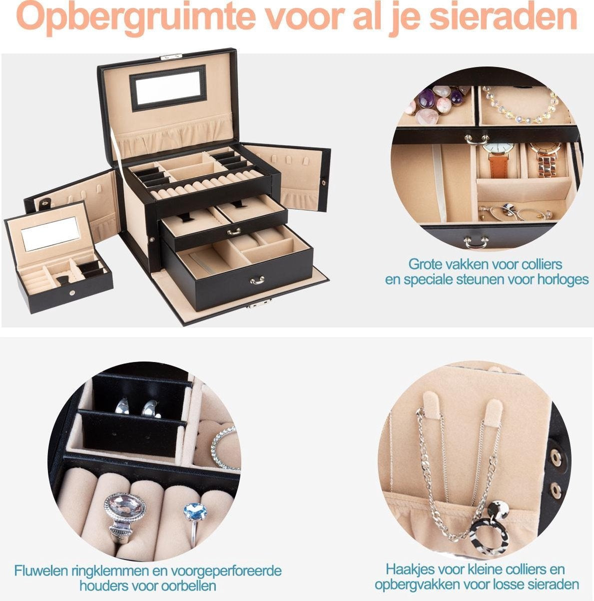 LifeGoods Boîte à bijoux XL - Boîte à bijoux - 20 compartiments - Noir/Beige