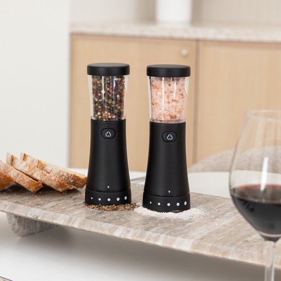 Deleca Moulin à poivre et à sel électrique Gustaro - Capacité de stockage de 130 ml - Moulin à poivre et à sel de luxe - Mouture réglable - Rechargeable par USB / Noir