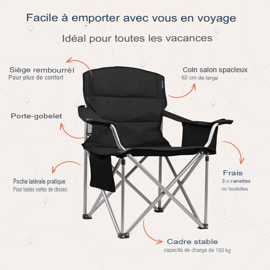 TRVLMORE Chaise de camping - Pliable - Chaise pliante confortable - Capacité de charge de 150 kg - Porte-boisson - Compartiment pour glacière - Poche latérale - Noir