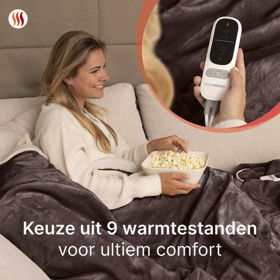 Seranova Couverture électrique XXL - Fils chauffants supplémentaires - Modèle Premium - 180x160 cm - Couverture chauffante pour 2 personnes - Sherpa polaire double face - Châtaigne