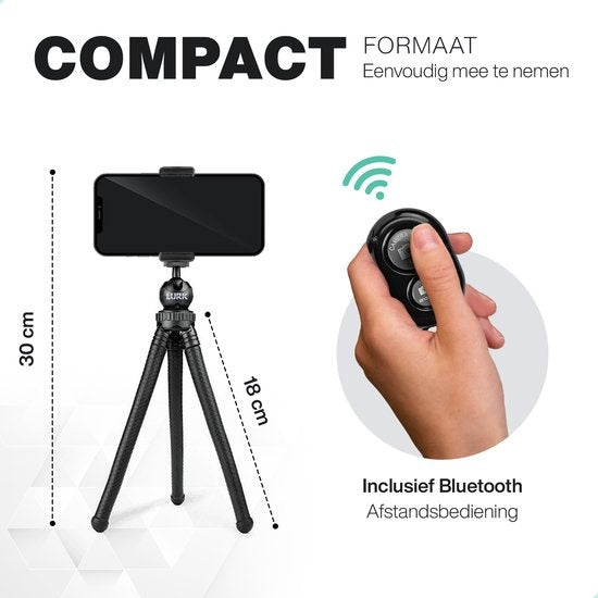 LURK® 3 en 1 trépied souple octopus pour smartphone & (action) caméra - Incl. pince pour téléphone et télécommande bluetooth - 25 cm