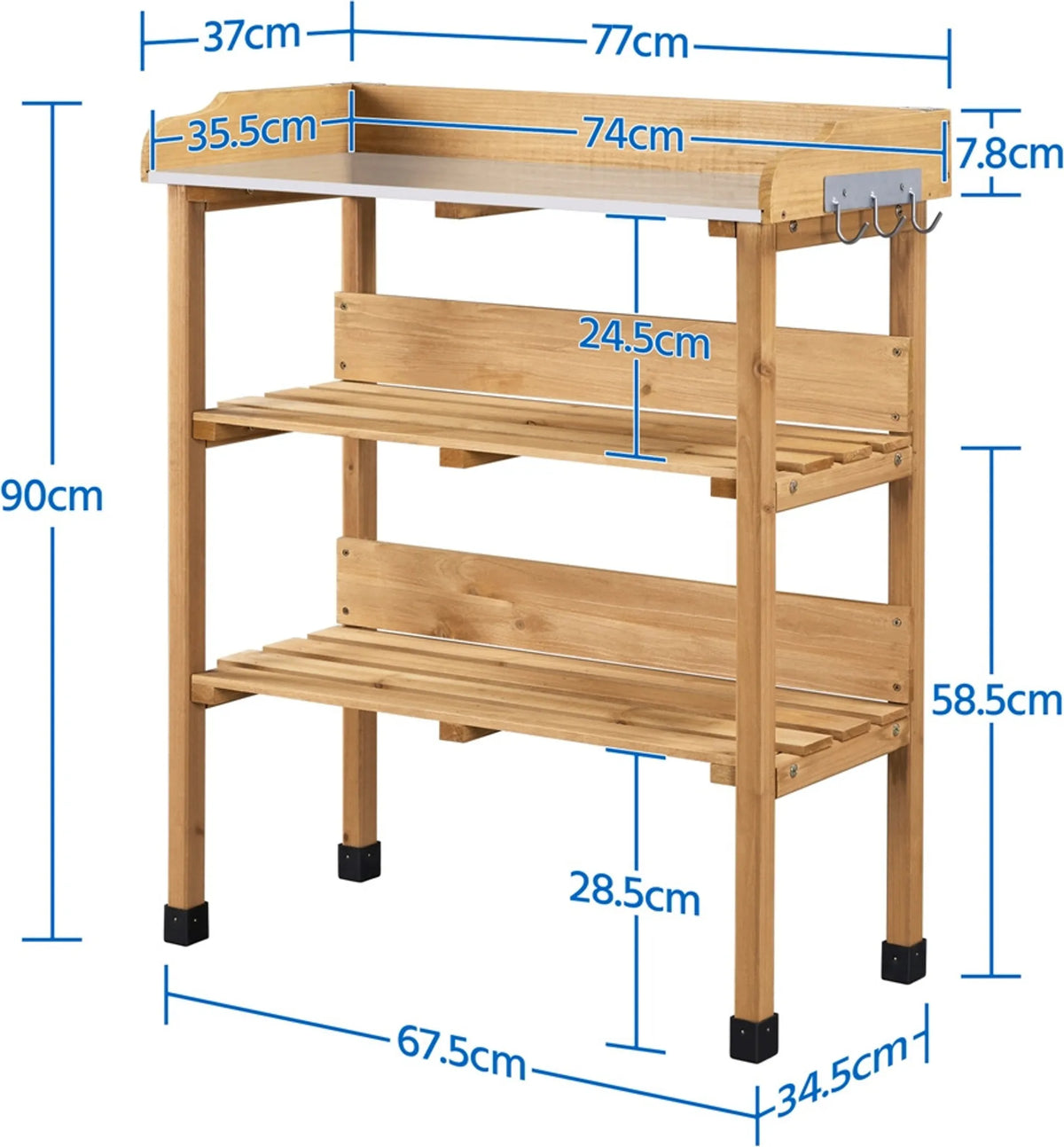 Table de jardin avec plateau galvanisé, 3 étagères et 3 crochets, couleur bois