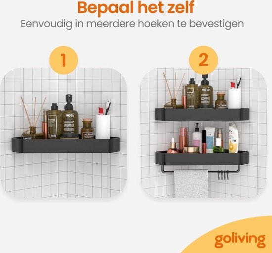 Goliving Support de douche 2 couches - Support de douche sans perçage - Support de douche d'angle - Panier de douche - Support de salle de bain - Accessoires de salle de bain - Noir