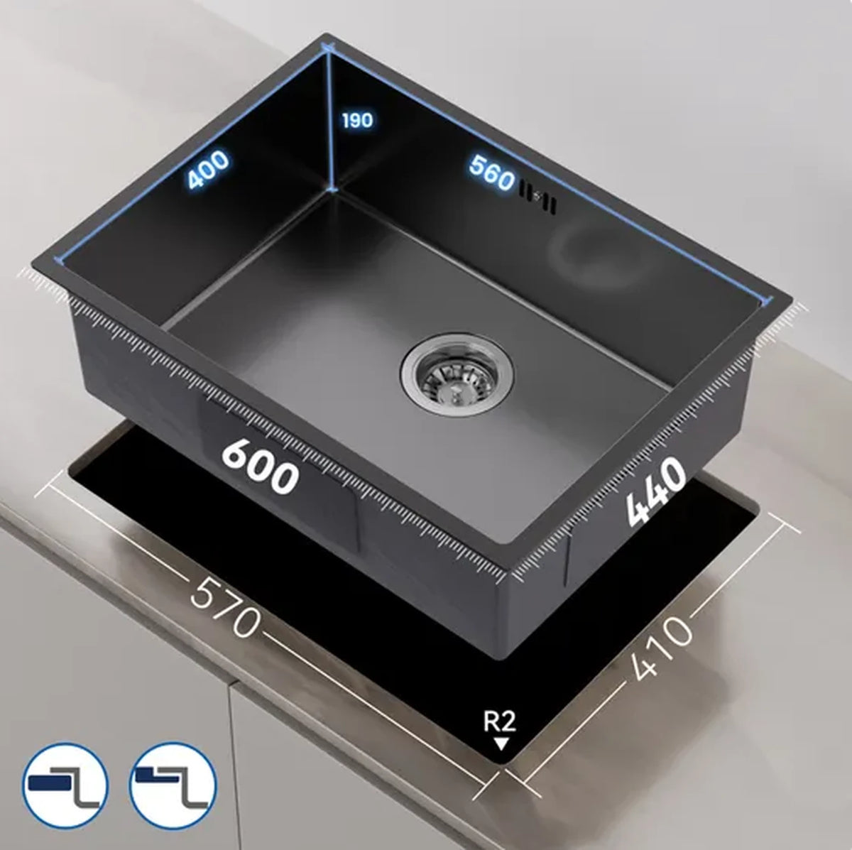 Évier Auralum MAX en acier inoxydable 60 x 44 cm - À encastrer, à poser et à poser sous plan - Insonorisant avec siphon - Gris foncé