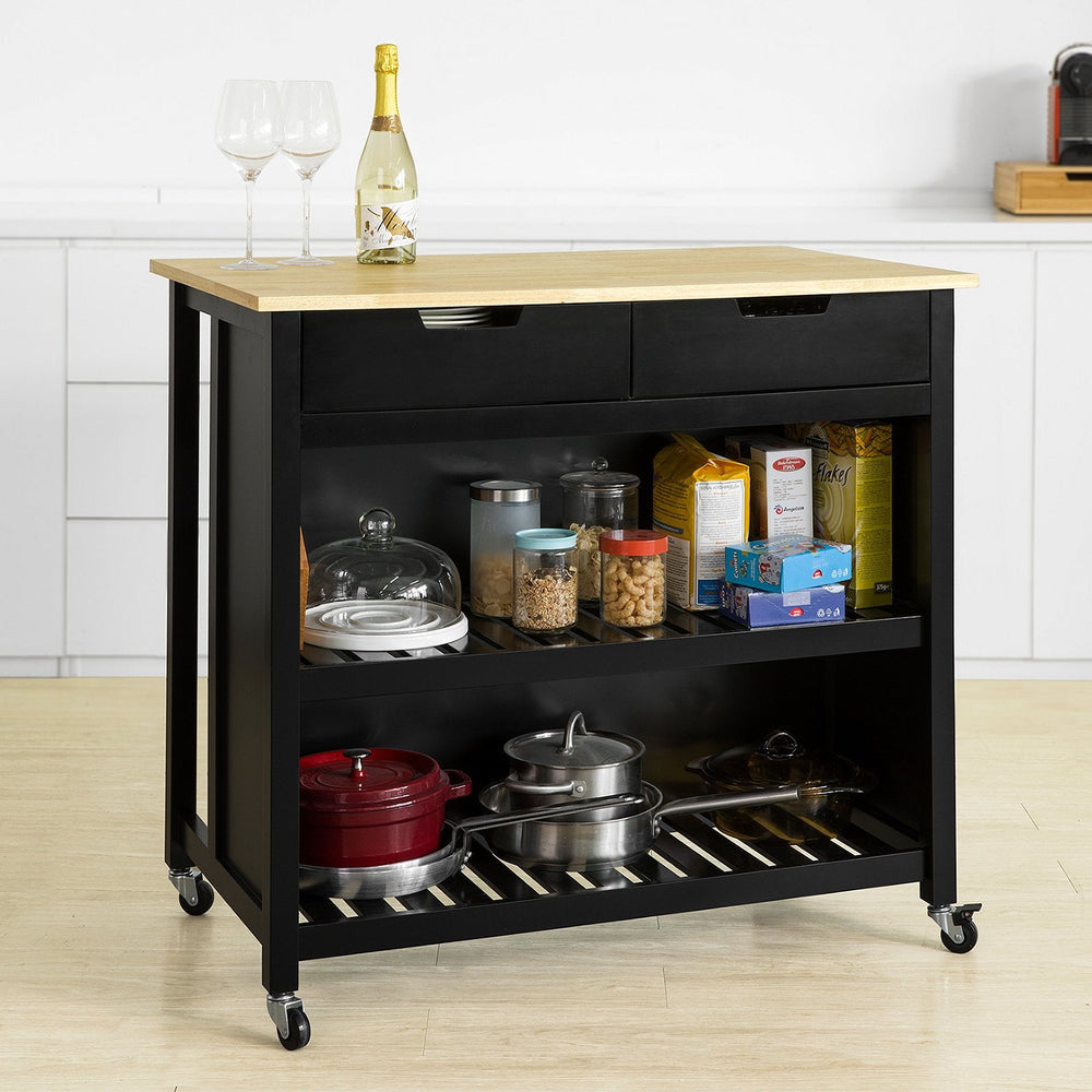 SoBuy FKW74-SCH Chariot de cuisine sur roulettes - 2 tiroirs et 2 étagères - 100x94x60 cm - Noir