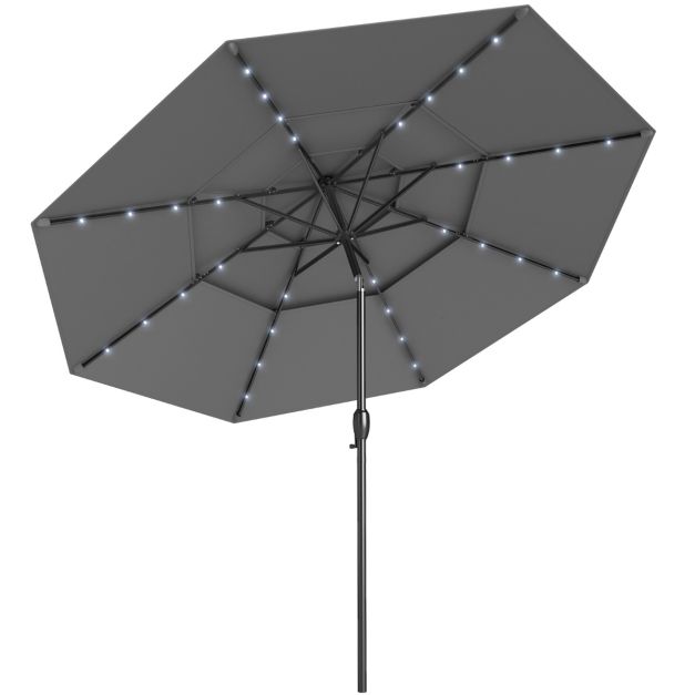 Parasol de terrasse Coast à 3 couches, Ø 313 cm - Éclairage LED solaire - Inclinable - Commande à manivelle - Gris