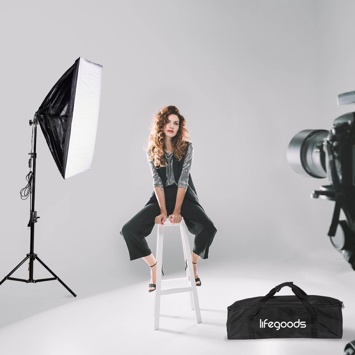 Lampe de studio LifeGoods - Set complet avec sac de transport - 50x70 cm - Noir