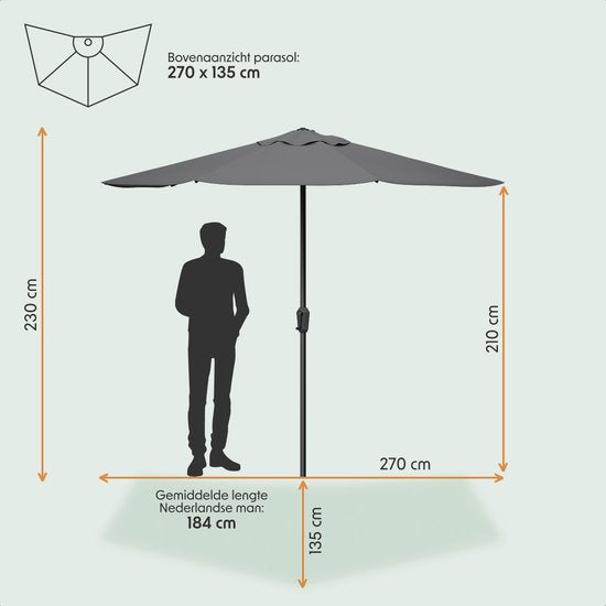 LifeGoods Parasol de balcon - Jardin - 270x135 cm - Parasol semi-circulaire - Imperméable - UPF50+ - Gris foncé