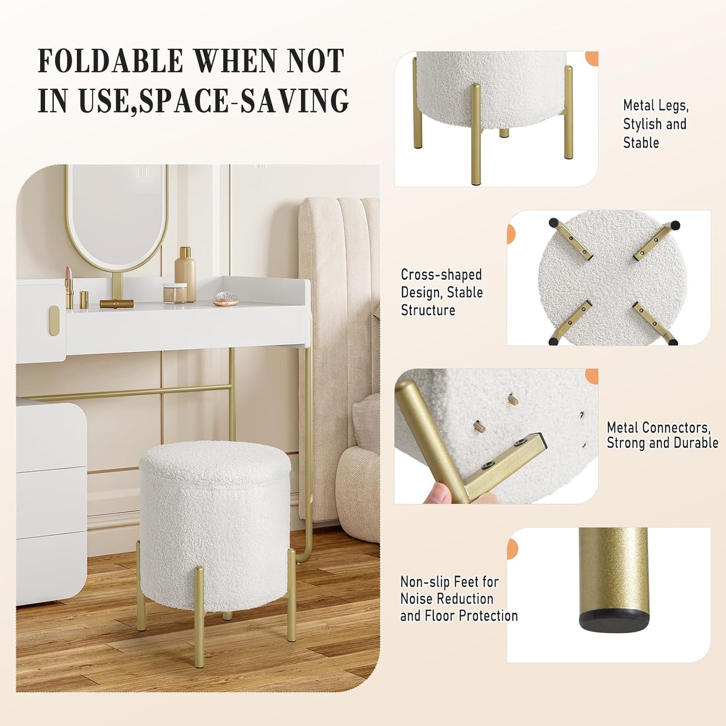 Tabouret de rangement eSituro rond - Polaire Teddy blanche - 35 x 41 cm