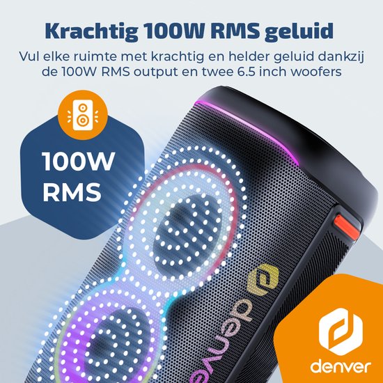 Enceinte Bluetooth Denver Party Box - Lumières disco - Party Box - Microphone inclus - Haut-parleur - BPS370