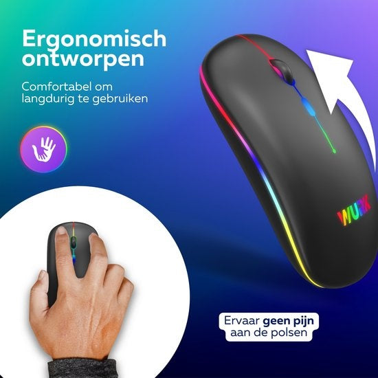 Wurk Wireless RGB Mouse - Rechargeable - Bluetooth 4.0 - 2.4GHz - USB - Sans fil - Souris d'ordinateur - Ordinateur portable - PC - Noir