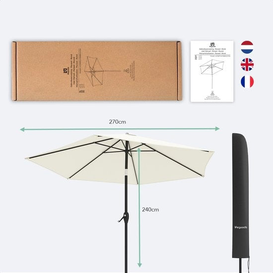 LifeGoods Parasol - Ø270 cm - 30° inclinable - imperméable - avec housse - Crème