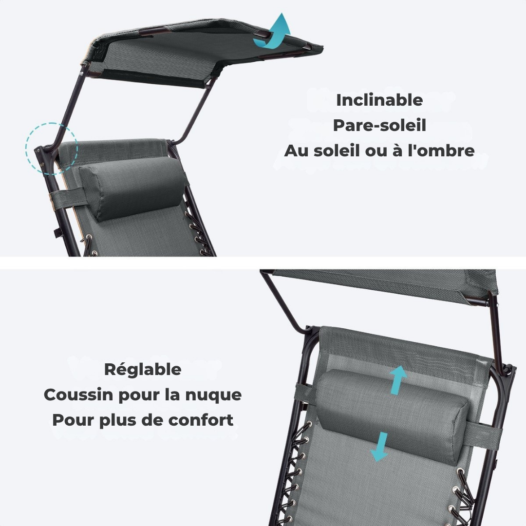 LifeGoods Chaises de jardin pliables - parasol réglable - 2 pièces - max 150kg - Gris foncé