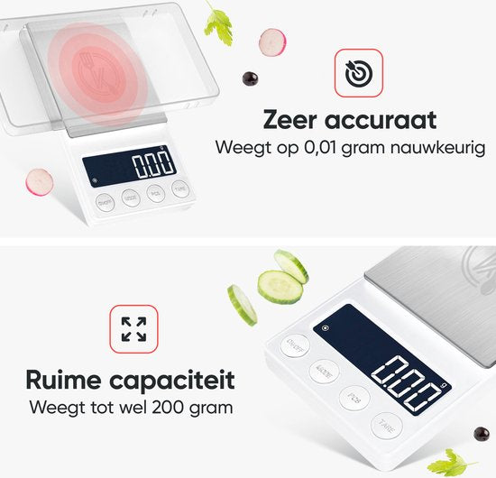 Kitchenwell digital mini precision kitchen scale white - 0.01 to 200 grams - 14.2 x 7.5 cm - balance de poche à piles - balance de cuisine