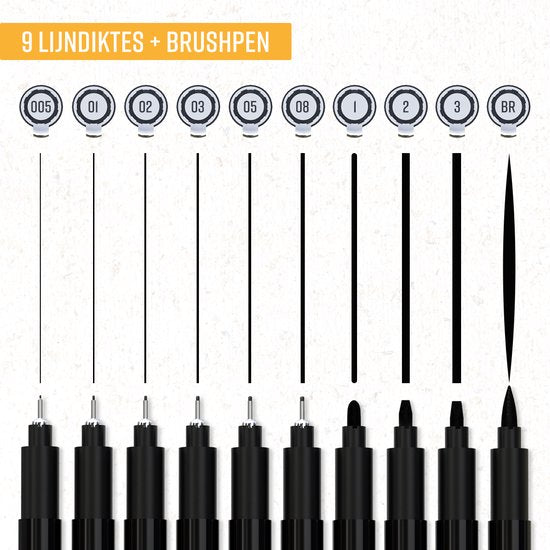 NAPI 10 Fineliners Noirs avec Stylo Pinceau et Règle - 0.2 à 3mm - Stylos Noirs - Accessoires Bullet Journal - Set de stylos à dessin