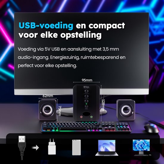 Faas - Haut-parleurs PC 2.1 - Bluetooth 5.0 - Microphone intégré - Connexion USB-C et USB-A - Ensemble d'enceintes stéréo - Noir