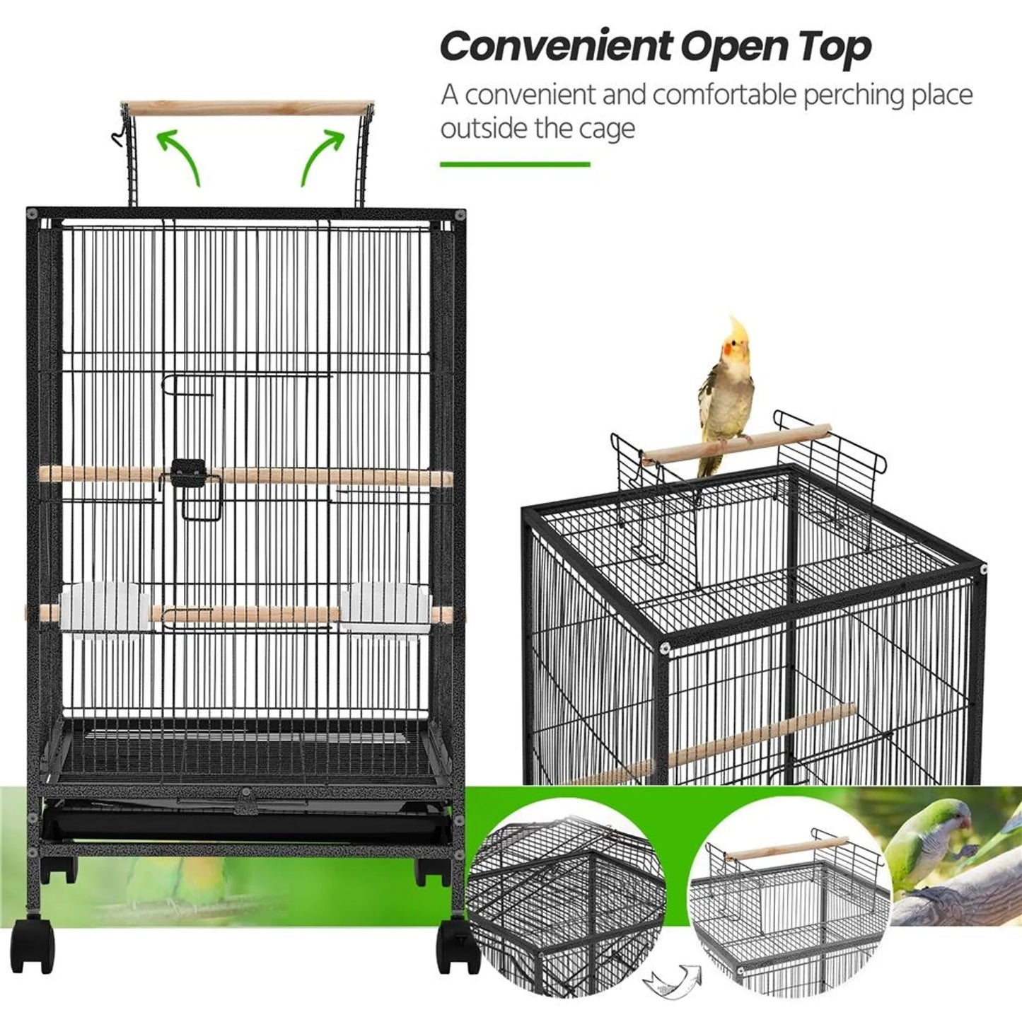 Yaheetech Cage à oiseaux avec toit ouvert - 45,5 x 45,5 x 79 cm - avec roues amovibles et tiroir inférieur extractible et revêtement en poudre martelée - pour perruches et canaris - métal noir et bois