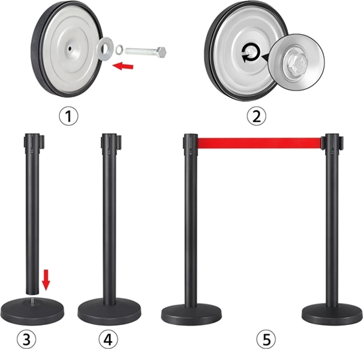 Lot de 2 poteaux de délimitation avec ruban rétractable de 200 cm et socle robuste, rouge