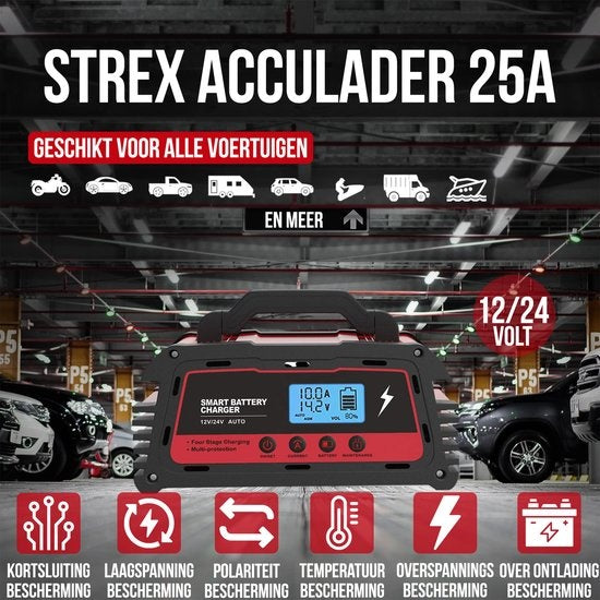 Chargeur de batterie industriel Strex - 12/24V 5/10/25A - pour voiture / moto / scooter / bateau / camping-car - mode réparation - chargeur goutte à goutte