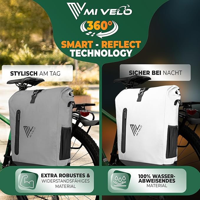 MIVELO - Sacoche vélo 3 en 1 - TPU étanche - 20L - Réfléchissant - Gris & Noir