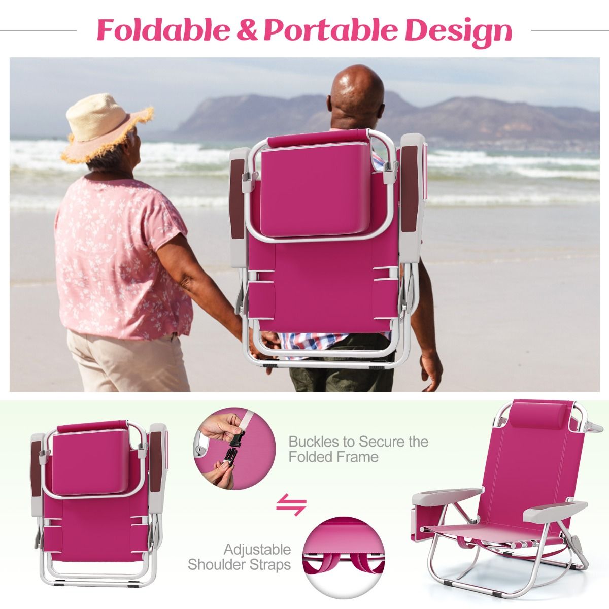 Coast Beach Chair Chaise longue pliable à dossier réglable en 5 positions avec porte-gobelet et compartiments de rangement Rose 66x65x78 cm - 2 pièces