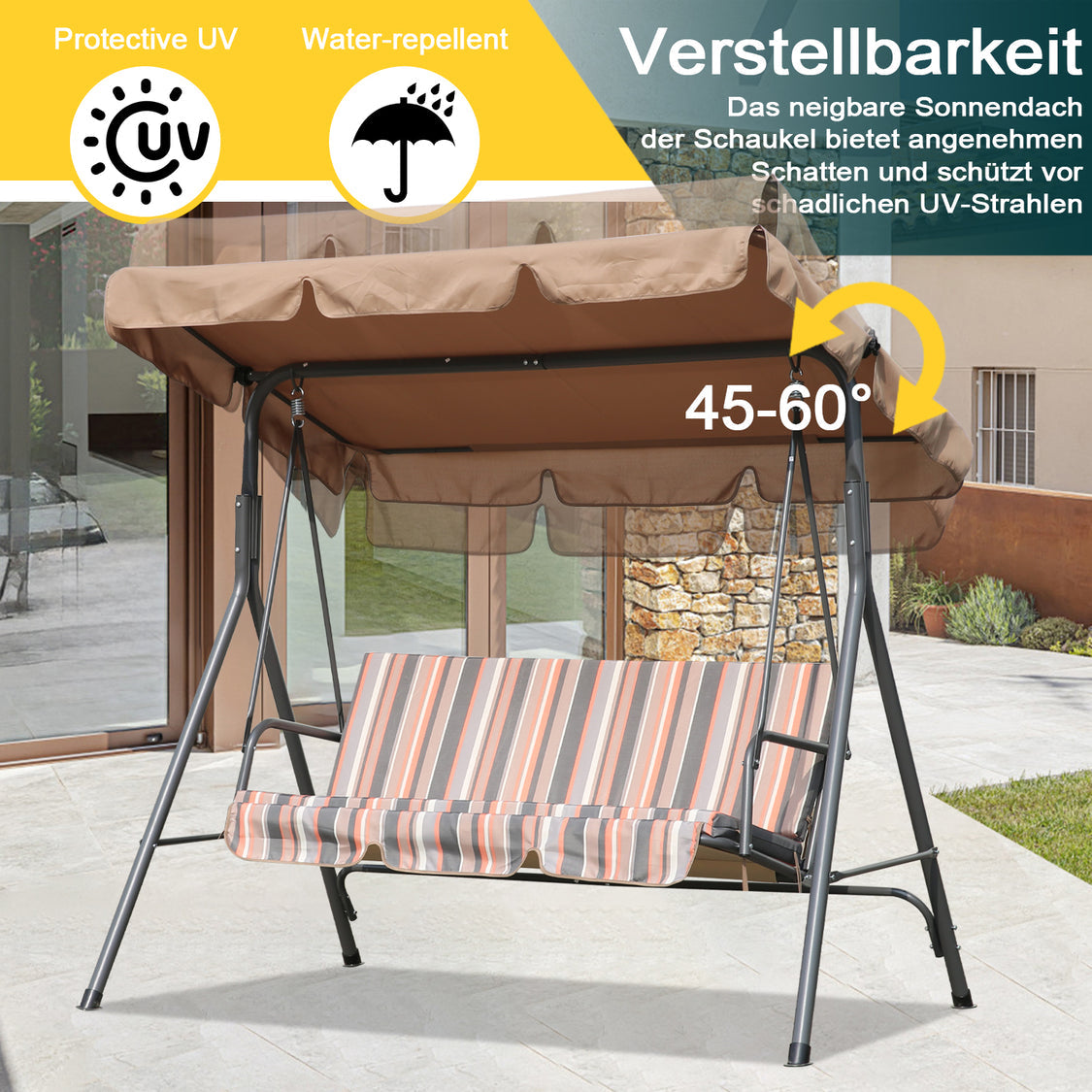 Balançoire de jardin Angel Living 3 places - avec pare-soleil réglable - Gris - 169 x 110 x 151 cm