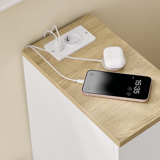 SoBuy 2-piece Slim Nightstand with Charging Station, Narrow Side Table with Standard Socket, USB Port and Type-C Port for Bedroom and Living Room, W20 x D35 x H60 cm, White, FBT111-E-WNx2 (table d'appoint étroite avec prise standard, port USB et port Type