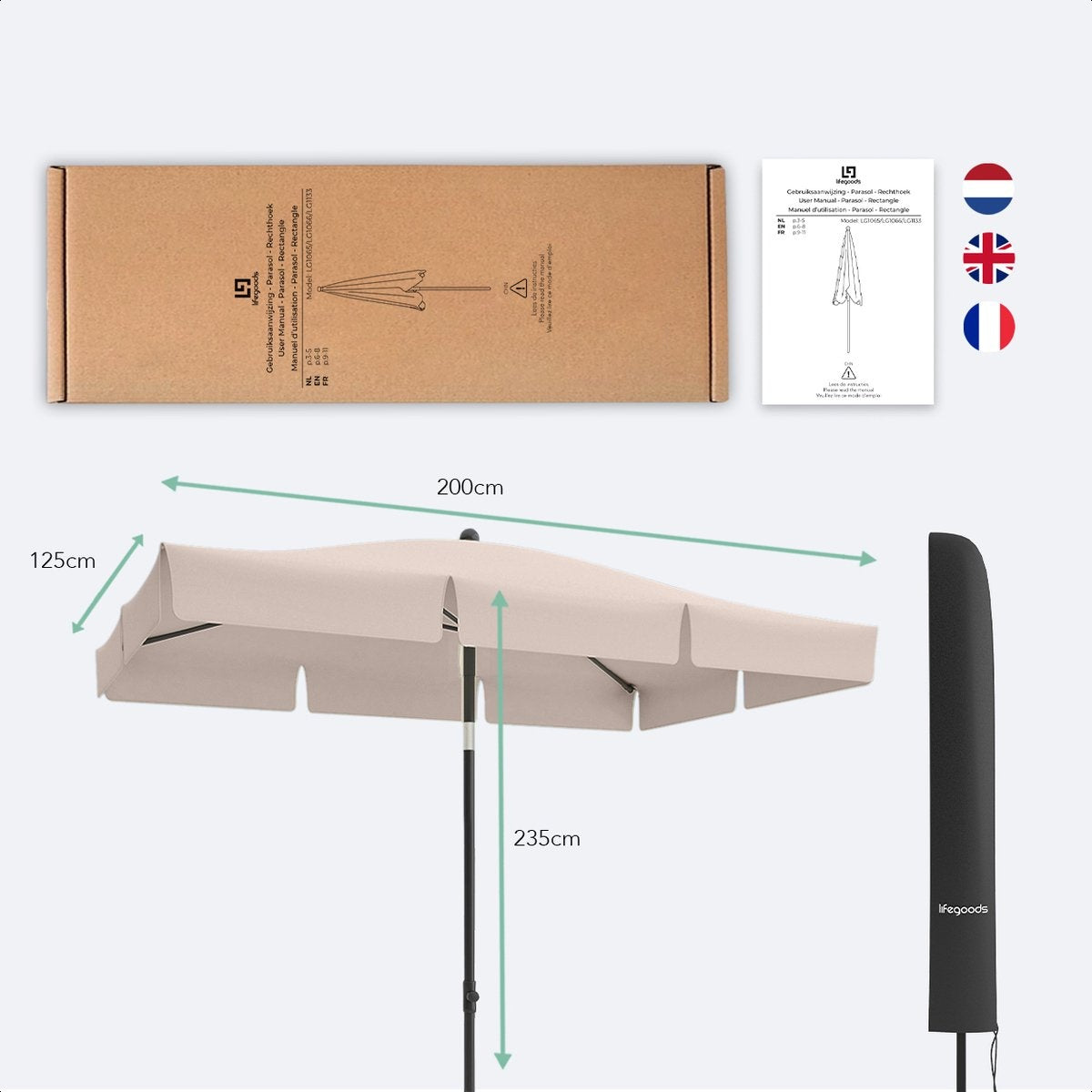Parasol - LifeGoods - Jardin & Balcon - 200 x 125 cm - Inclinable à 30° - Imperméable - Avec Housse - Taupe