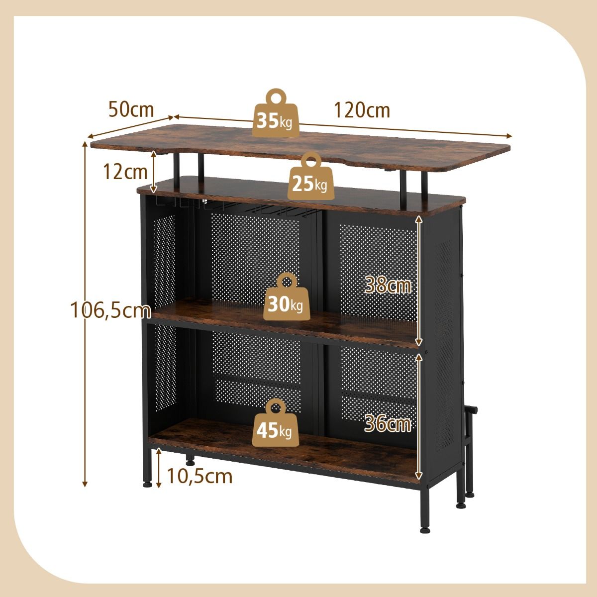 Table haute Coast avec espace de rangement - structure métallique - pieds réglables - marron et noir